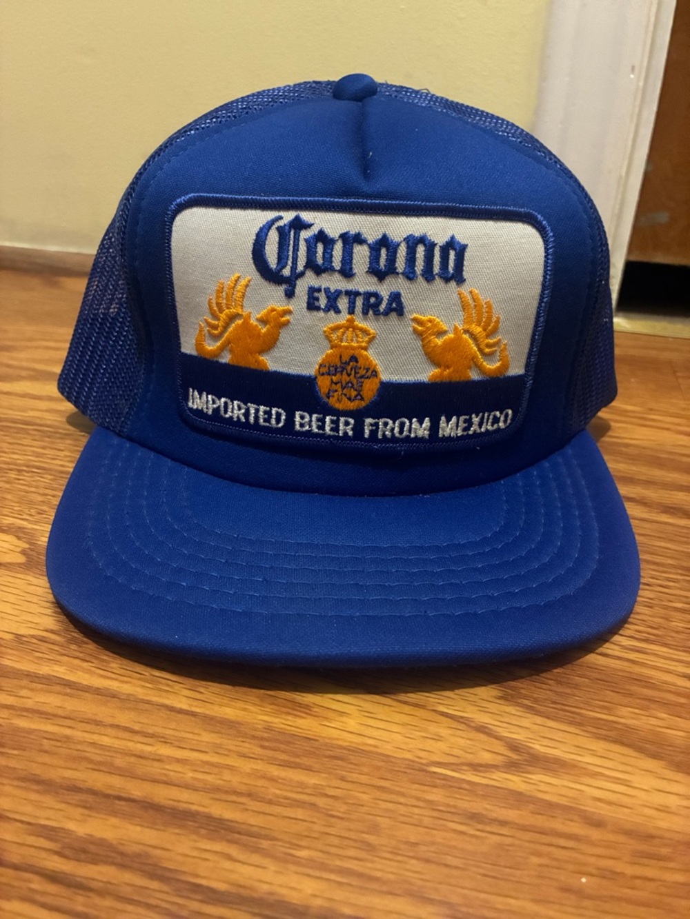 Vintage Corona Blue Trucker Hat with Gold Embroidery